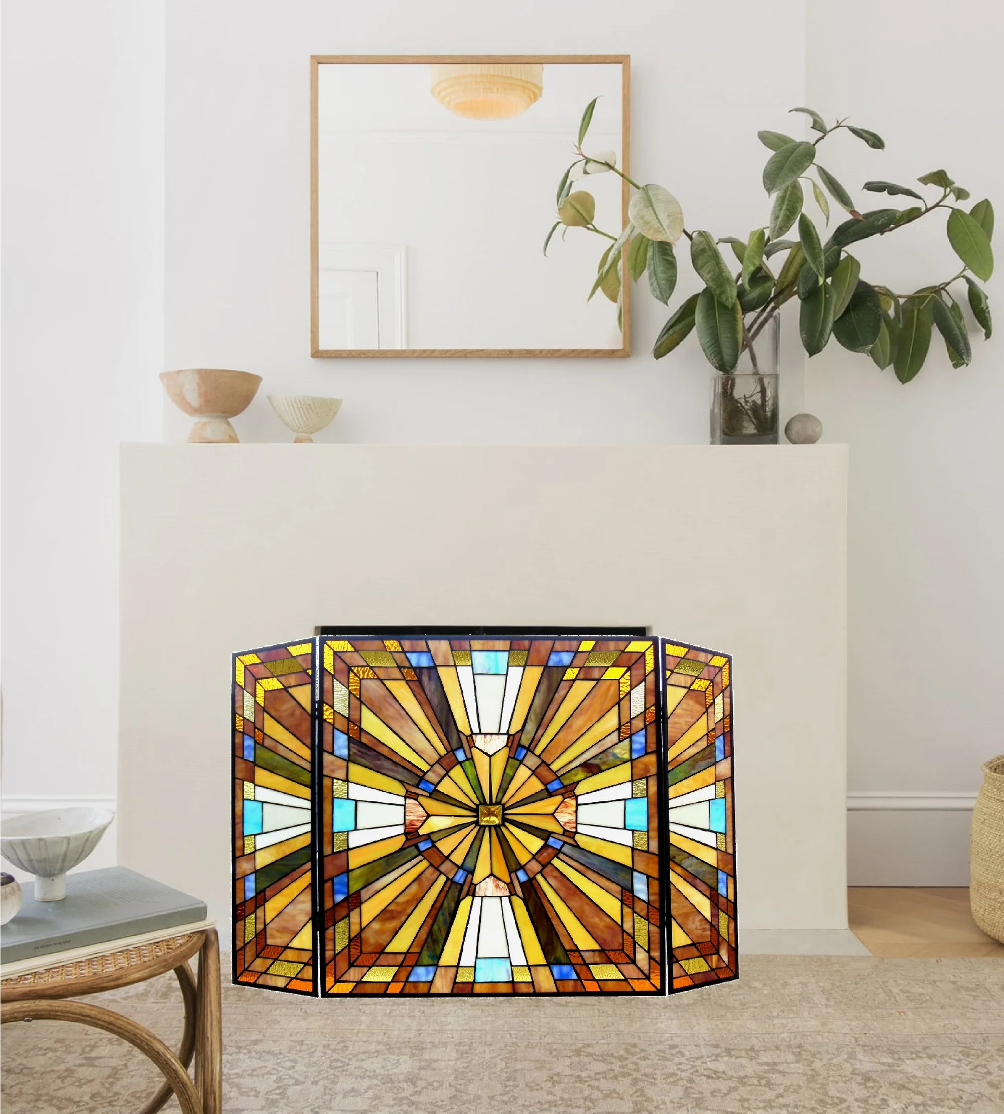 FLARE Tiffany-glass Mission 3pcs Folding Fireplace Screen 38" Wide - Image 2