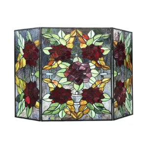CANNA Tiffany-Style 3pcs Folding Floral Stained Glass Fireplace Screen 40" Width