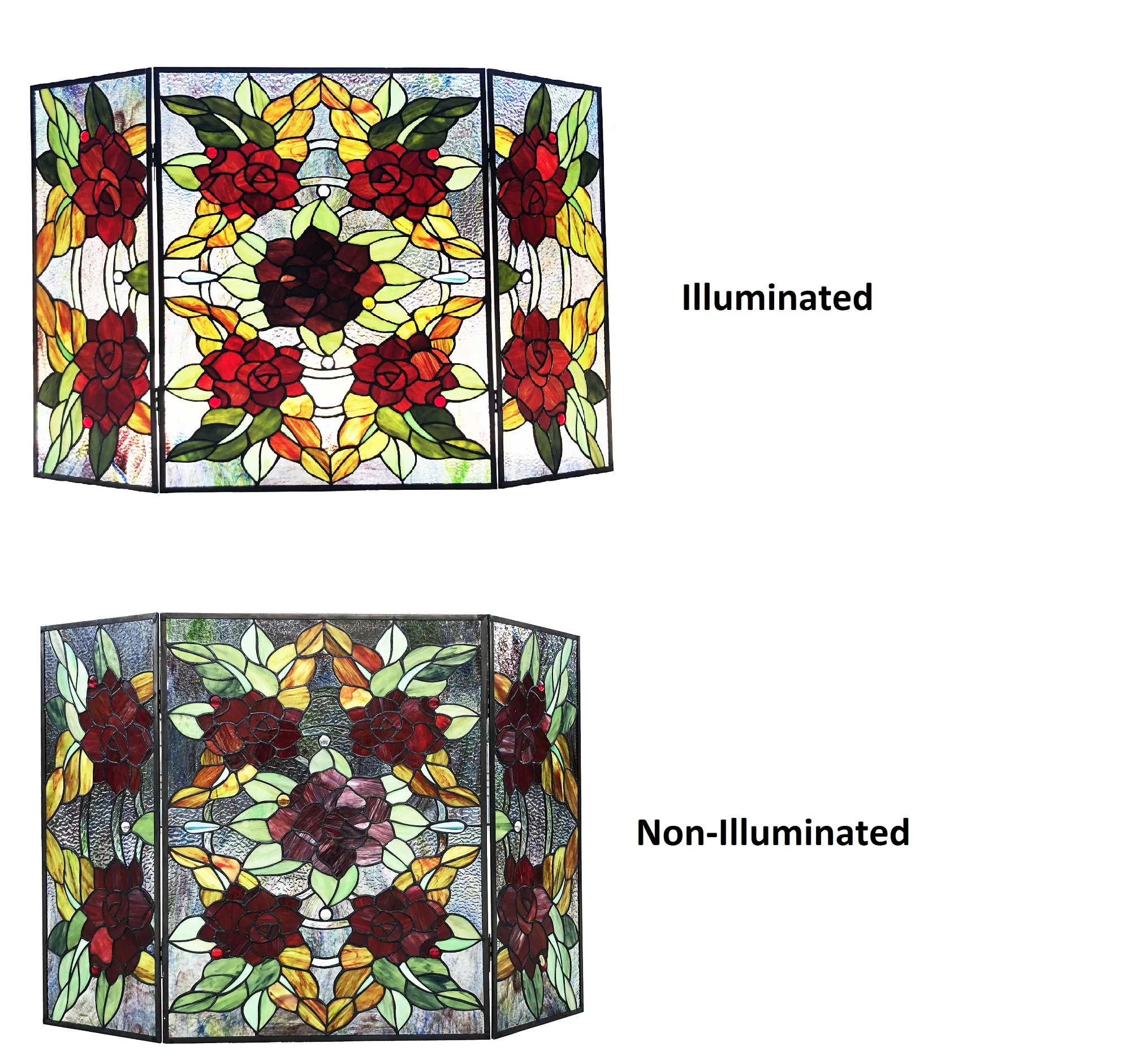 CANNA Tiffany-Style 3pcs Folding Floral Stained Glass Fireplace Screen 40" Width - Image 2
