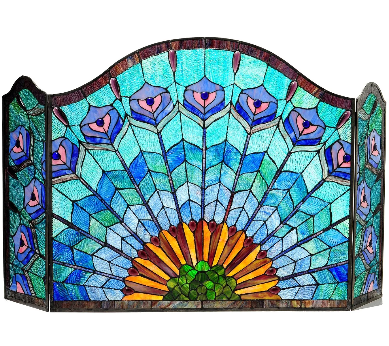 REGAL EUDORA Tiffany-glass 3pcs Folding Peacock Fireplace Screen 48" Wide - Image 4