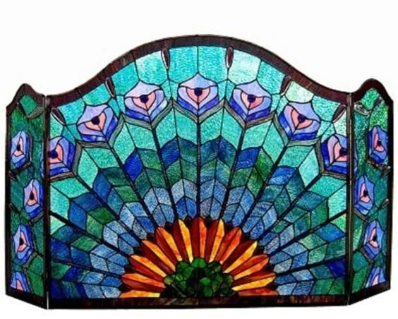 REGAL EUDORA Tiffany-glass 3pcs Folding Peacock Fireplace Screen 48" Wide - Image 3