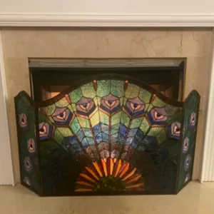 REGAL EUDORA Tiffany-glass 3pcs Folding Peacock Fireplace Screen 48" Wide