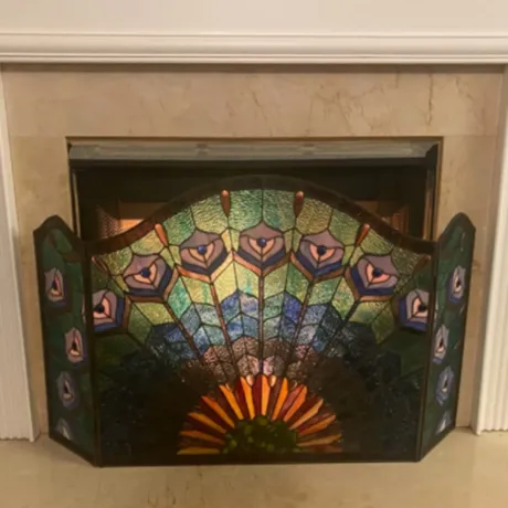 REGAL EUDORA Tiffany-glass 3pcs Folding Peacock Fireplace Screen 48" Wide