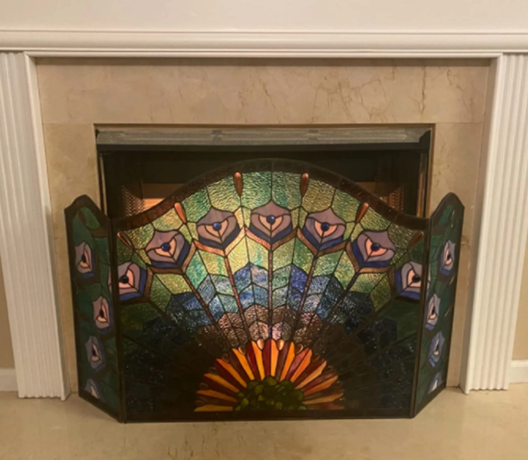 REGAL EUDORA Tiffany-glass 3pcs Folding Peacock Fireplace Screen 48" Wide