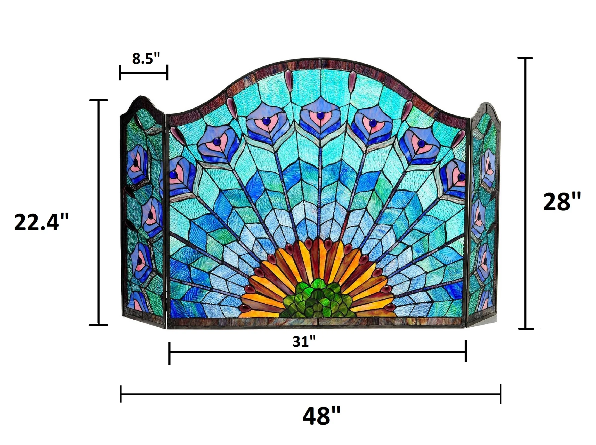 REGAL EUDORA Tiffany-glass 3pcs Folding Peacock Fireplace Screen 48" Wide - Image 2