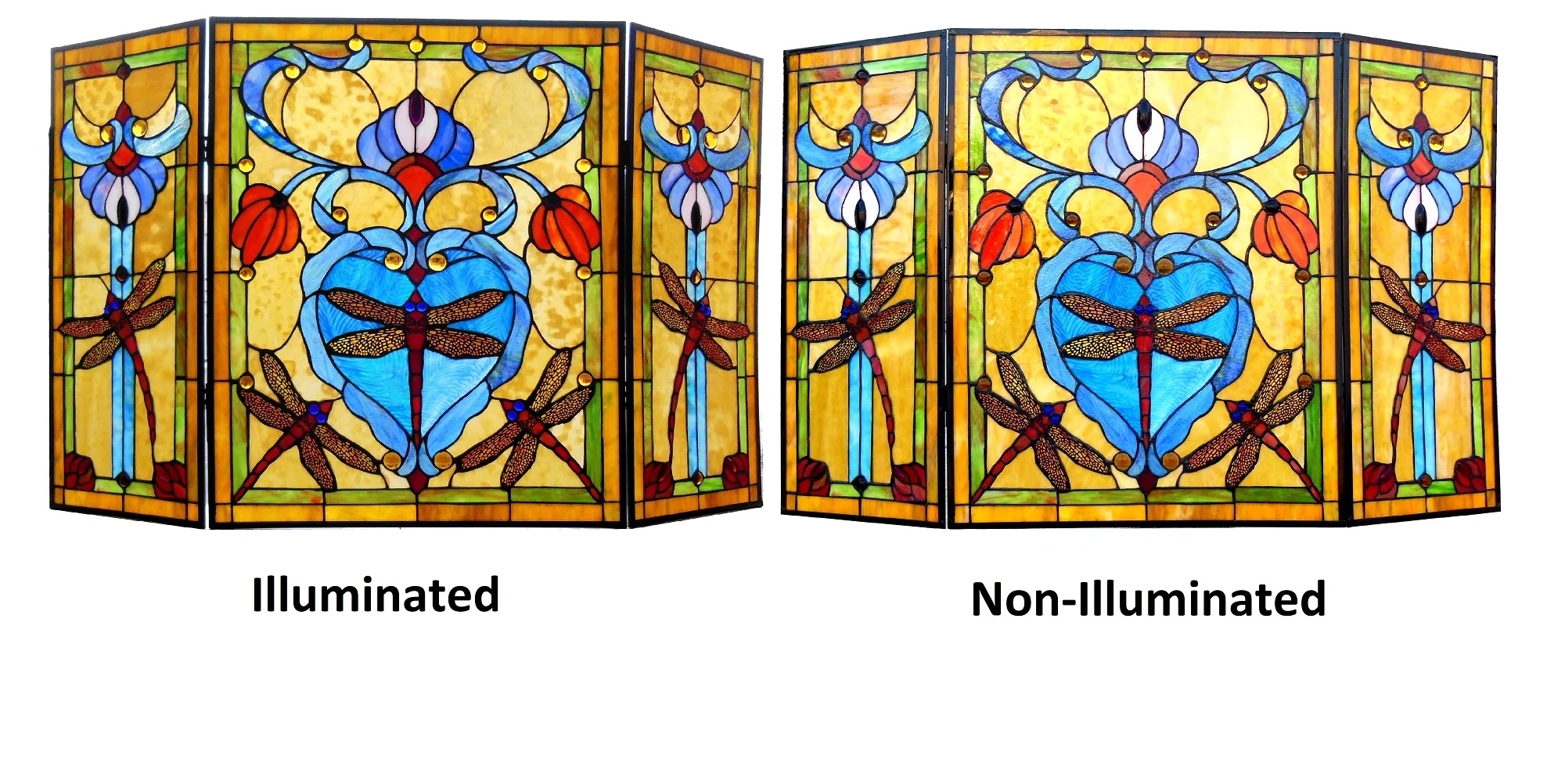 ZYGO Tiffany-style 3pcs Folding Dragonfly Fireplace Screen 44" Wide - Image 3