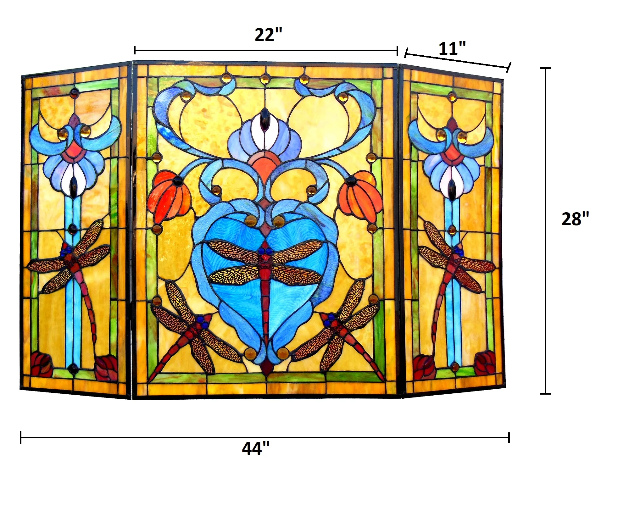 ZYGO Tiffany-style 3pcs Folding Dragonfly Fireplace Screen 44" Wide