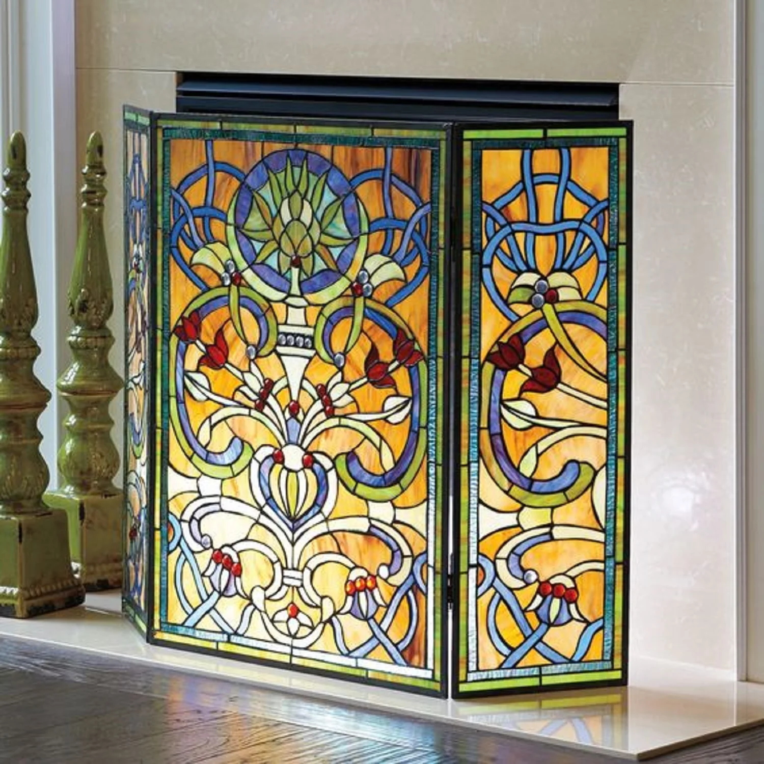 BARDOT Tiffany-glass Victorian 3pcs Folding Fireplace Screen 40" Wide