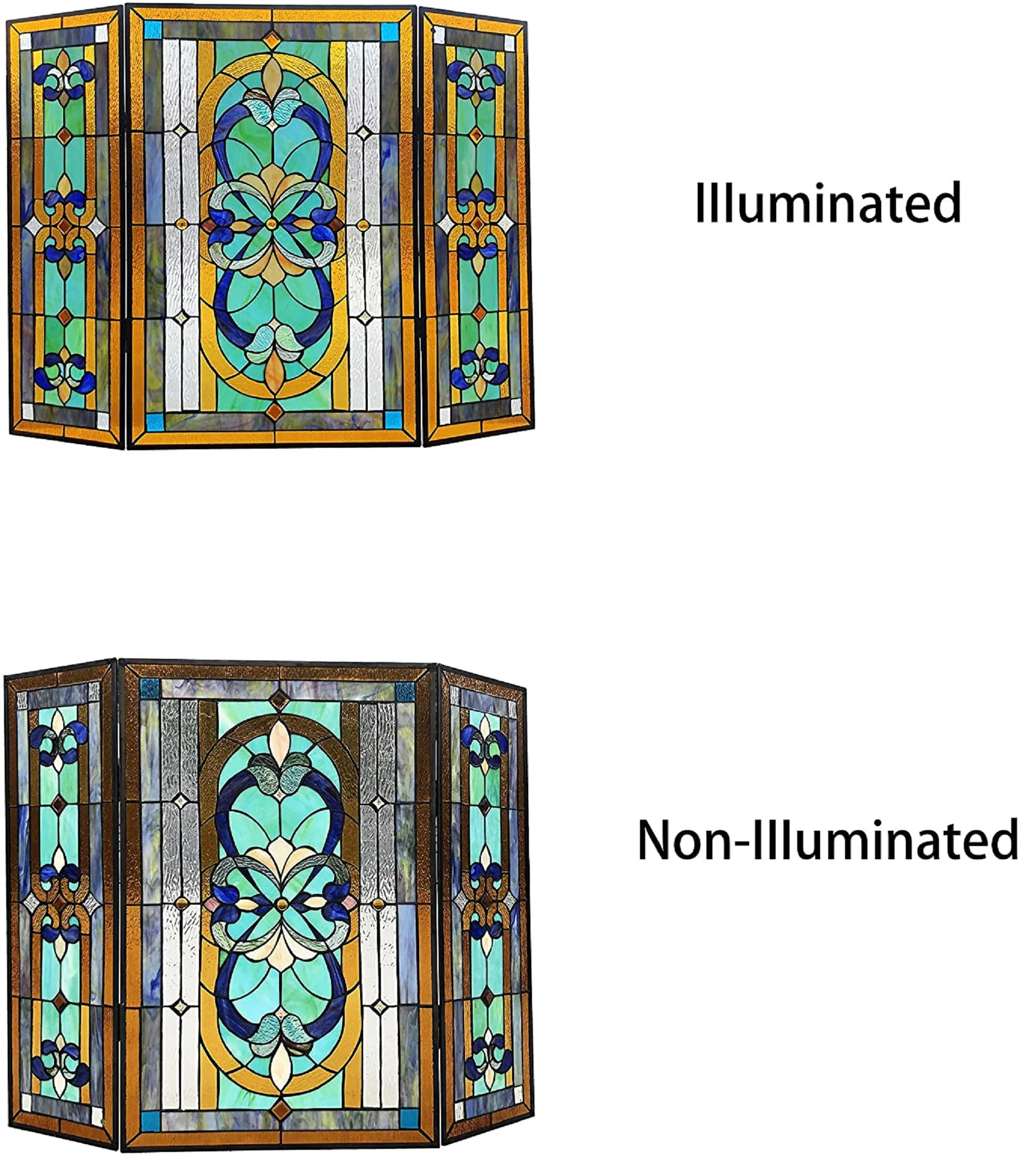PALACE Tiffany-Style 3pcs Folding Victorian Stained Glass Fireplace Screen 40" Width