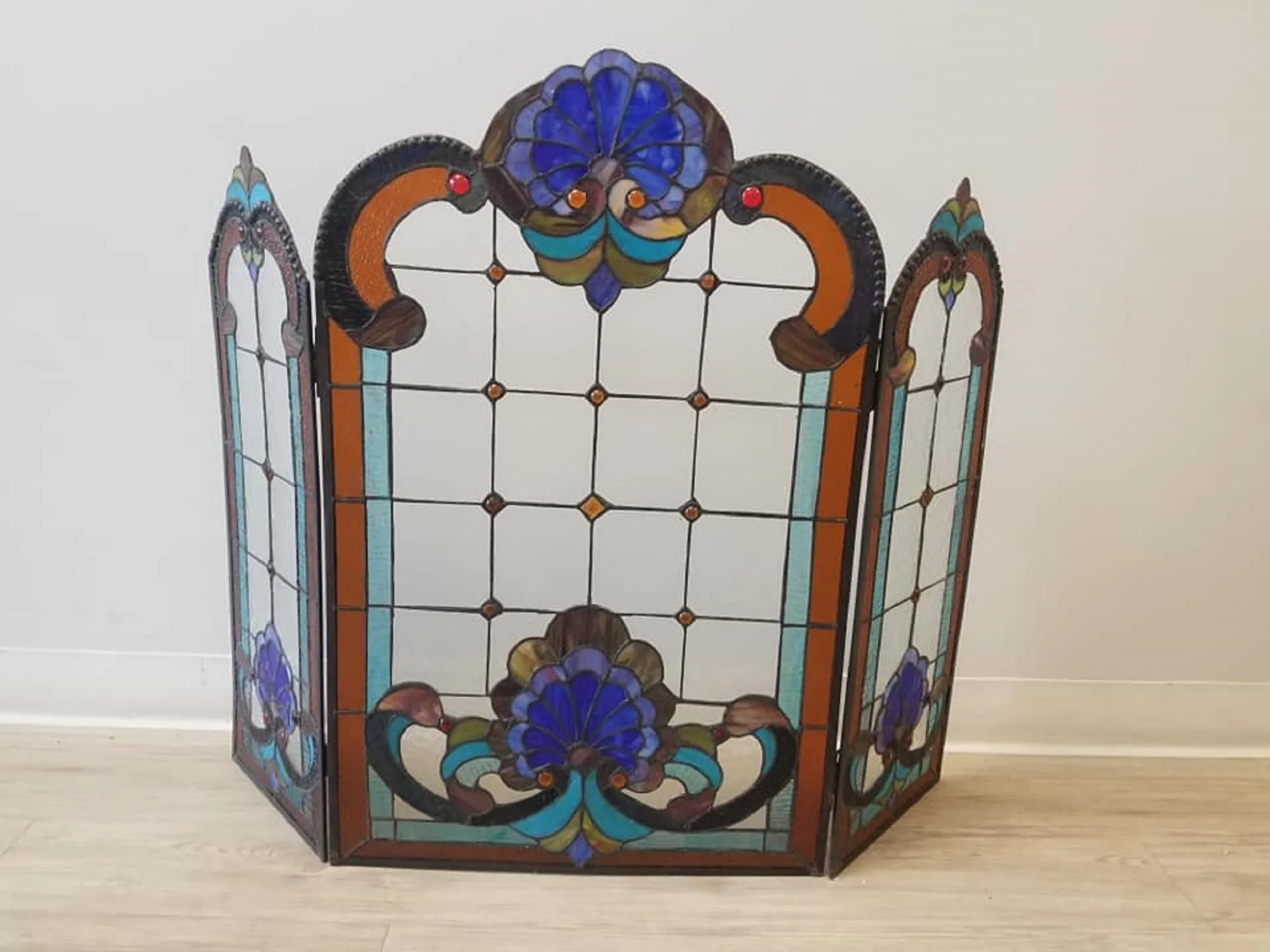 Tiffany-glass 3pcs Folding Victorian Fireplace Screen 40" Wide - Image 4