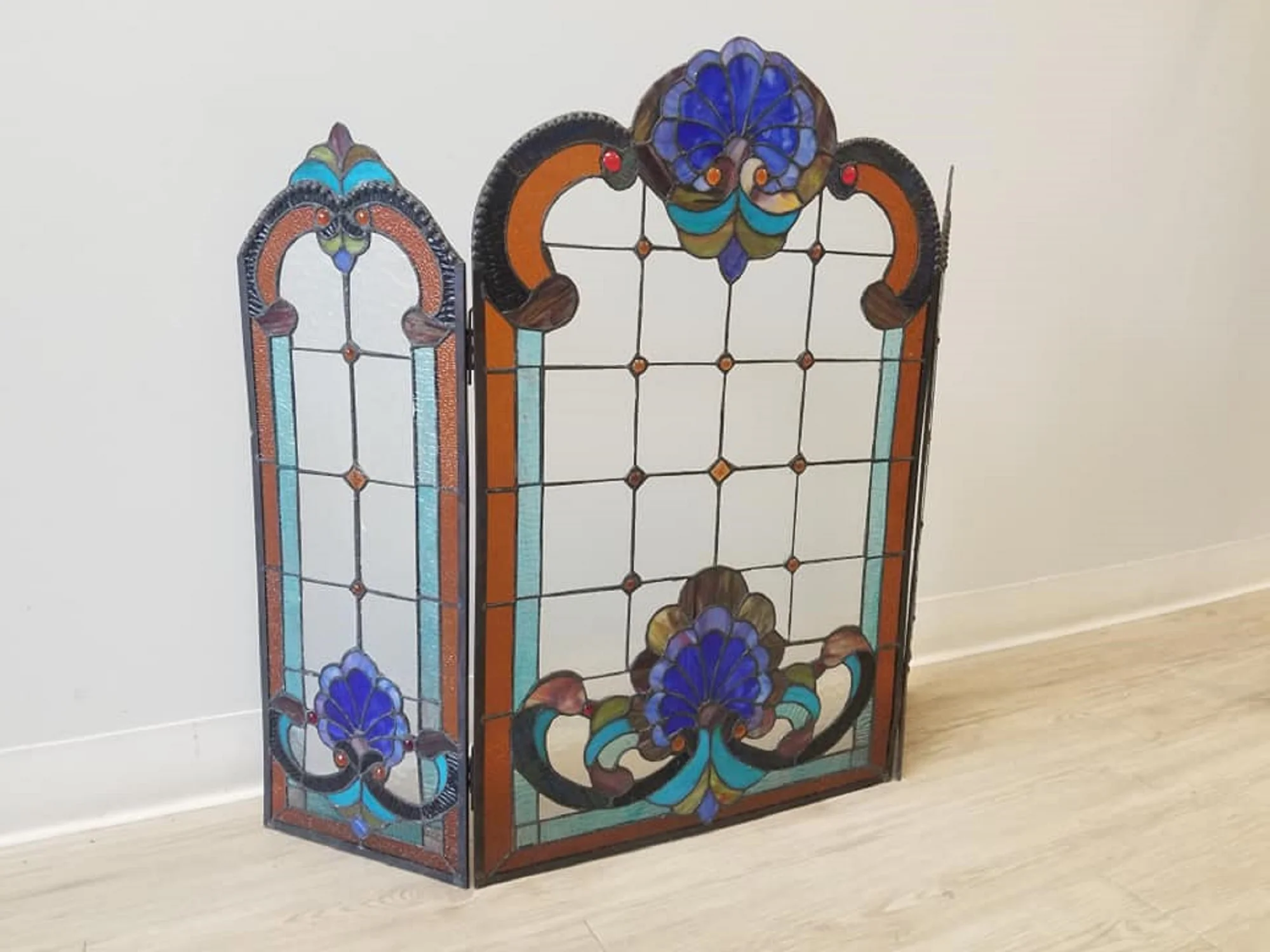Tiffany-glass 3pcs Folding Victorian Fireplace Screen 40" Wide - Image 5