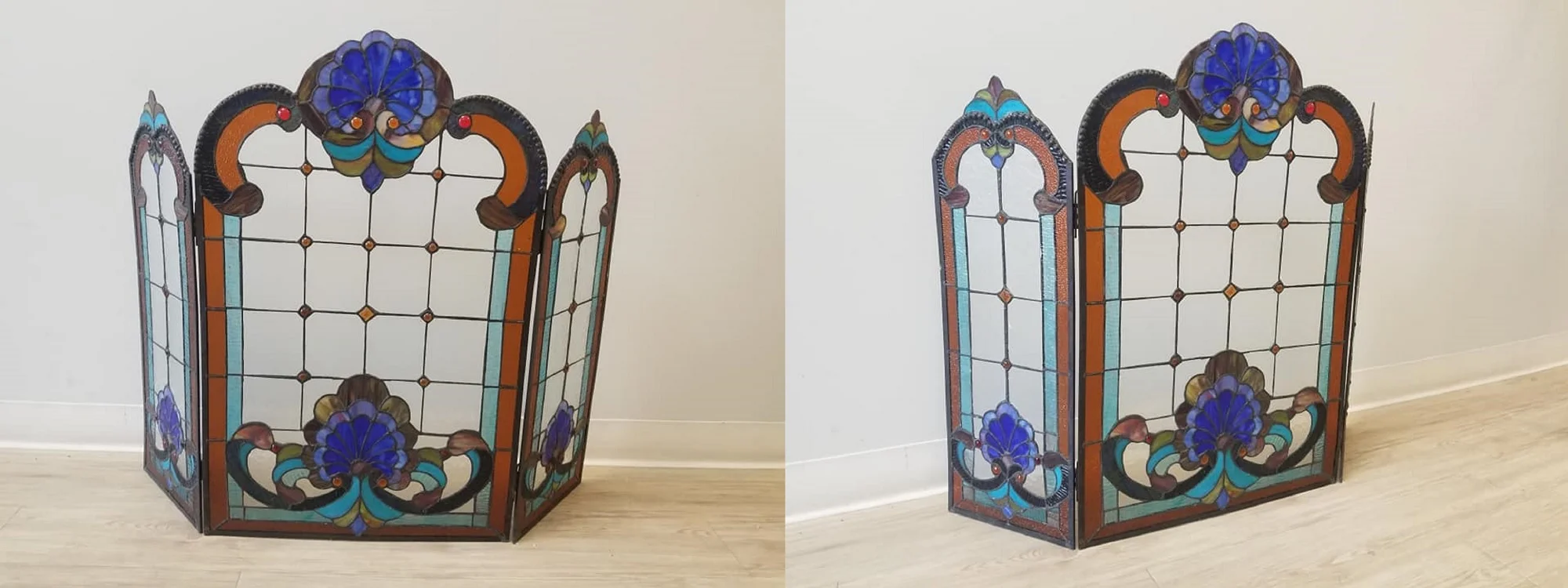 Tiffany-glass 3pcs Folding Victorian Fireplace Screen 40" Wide - Image 6
