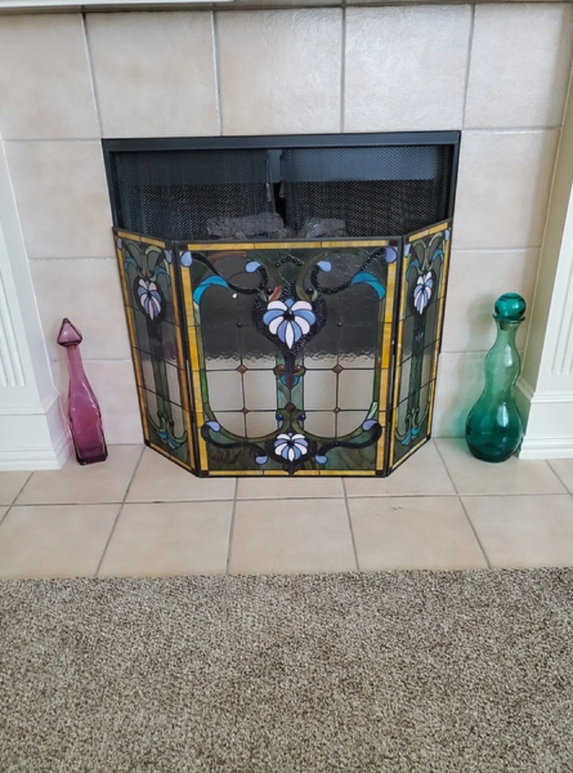 Tiffany-glass 3pcs Folding Victorian Fireplace Screen 44" Wide - Image 3
