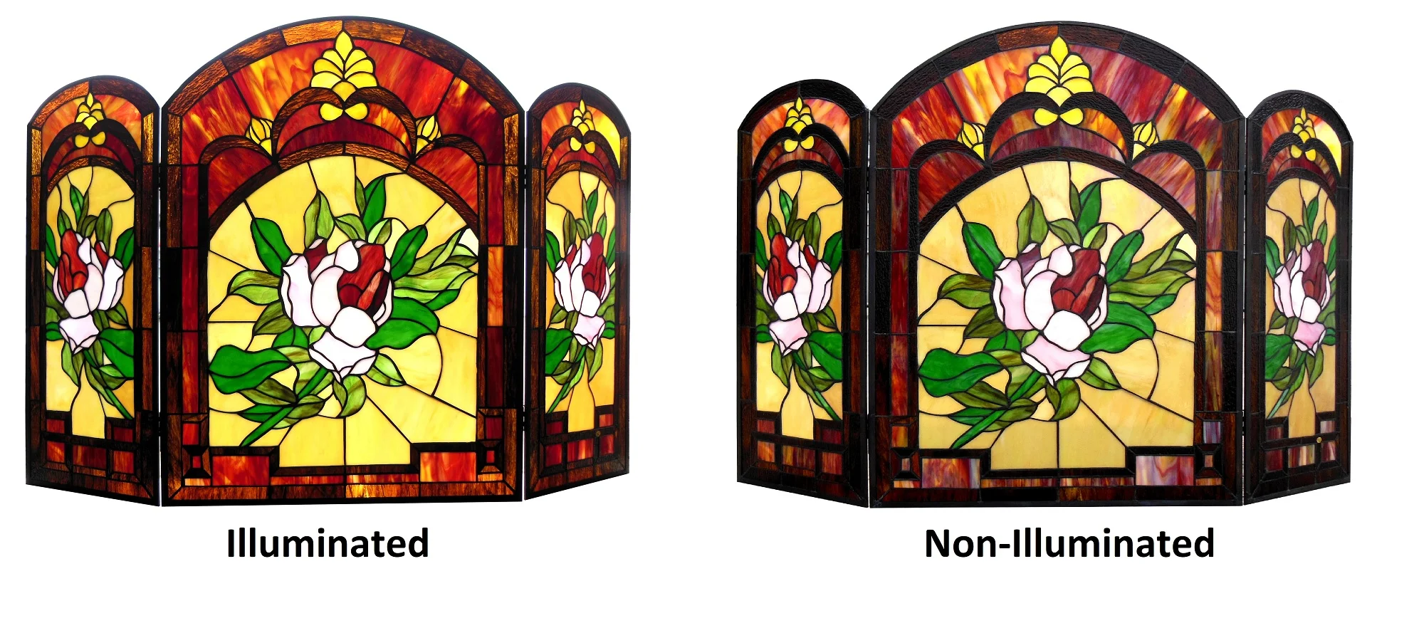 IGGY Tiffany-glass Floral Design 3pcs Folding Fireplace Screen 42" Wide - Image 3