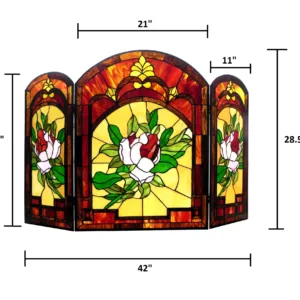IGGY Tiffany-glass Floral Design 3pcs Folding Fireplace Screen 42" Wide