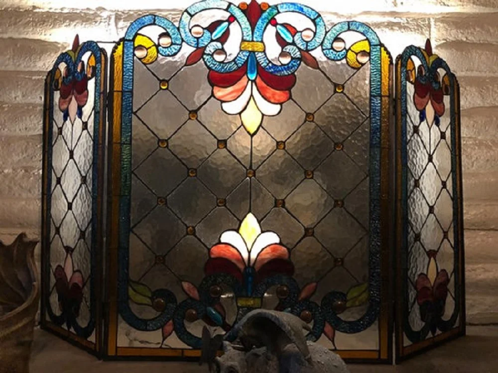 Tiffany-glass 3pcs Folding Victorian Fireplace Screen 44" Wide - Image 3