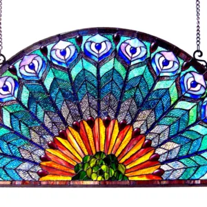 REGAL EUDORA Tiffany-style Peacock Feather Glass Window Panel 35x18
