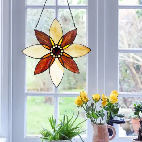 VIOLA Floral-Style Black Finish Stained Glass Window Panel 13" Tall