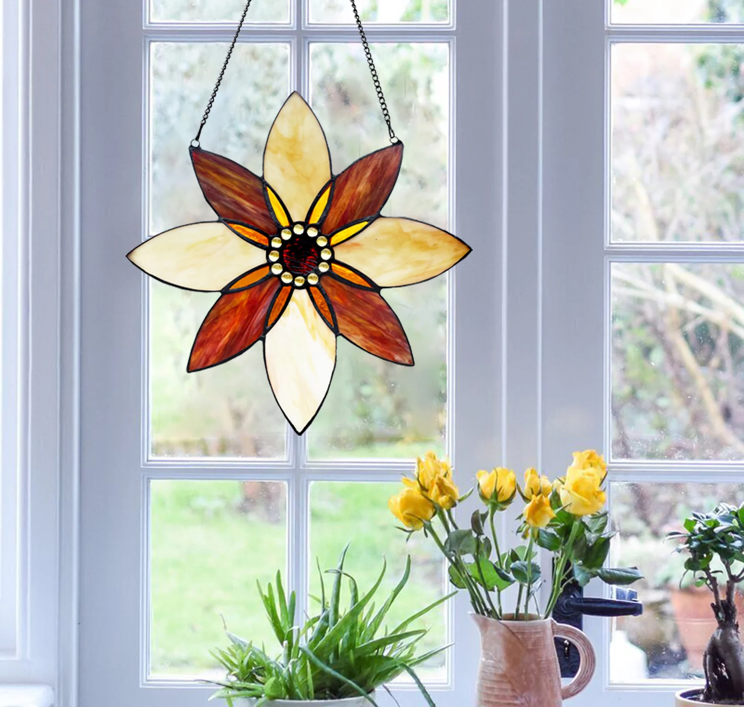 VIOLA Floral-Style Black Finish Stained Glass Window Panel 13" Tall