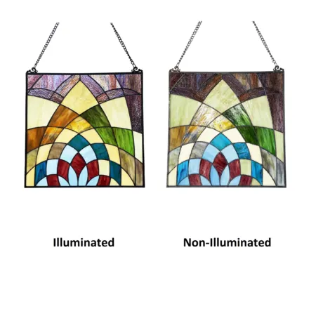 KALEIDOSCOPE Geometric-Style Black Finish Stained Glass Window Panel 16" Tall
