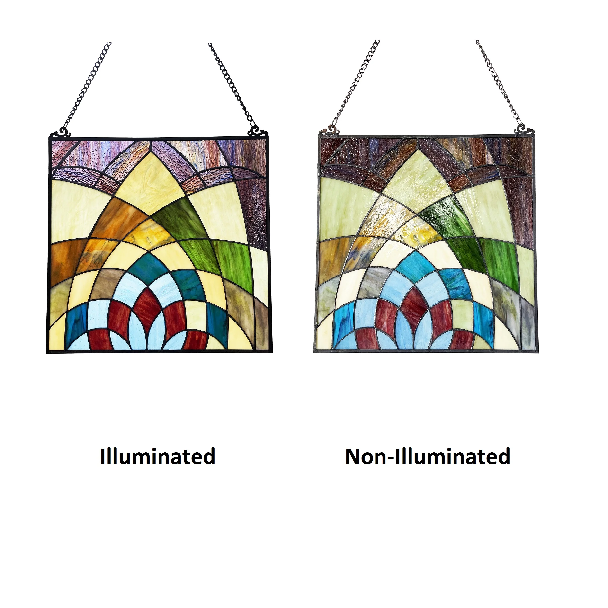 KALEIDOSCOPE Geometric-Style Black Finish Stained Glass Window Panel 16" Tall