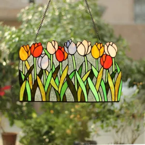 TULIPA Tiffany-glass Tulips Window Panel 18" Wide