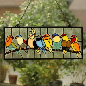 BIRDIES Tiffany-glass featuring Birds Window Panel 25.5x10.5