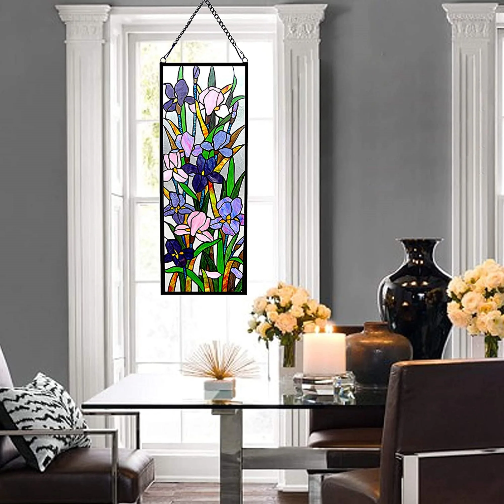 SORORIA Tiffany-glass Iris Design Window Panel 11.5x31.5