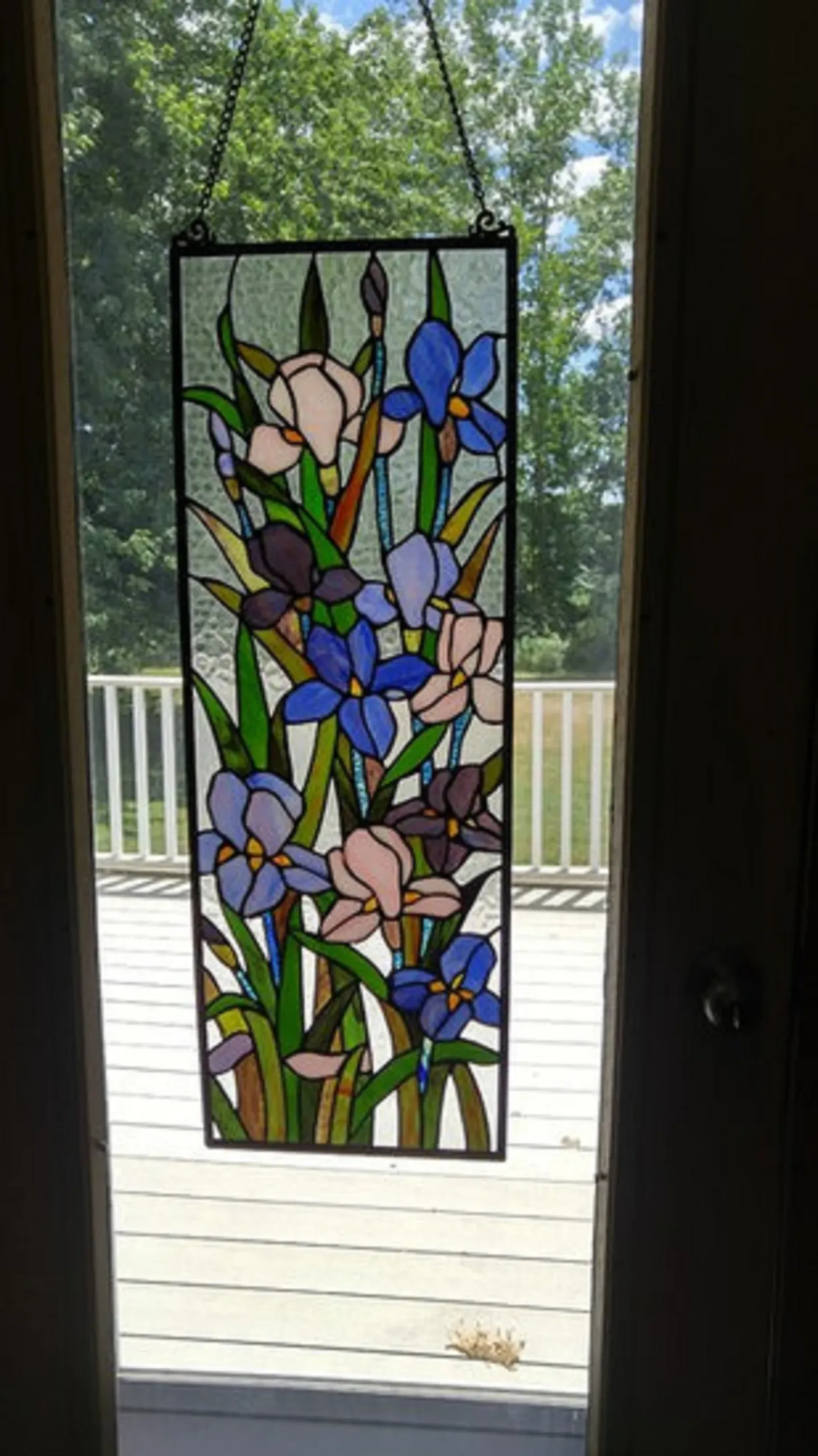 SORORIA Tiffany-glass Iris Design Window Panel 11.5x31.5 - Image 2