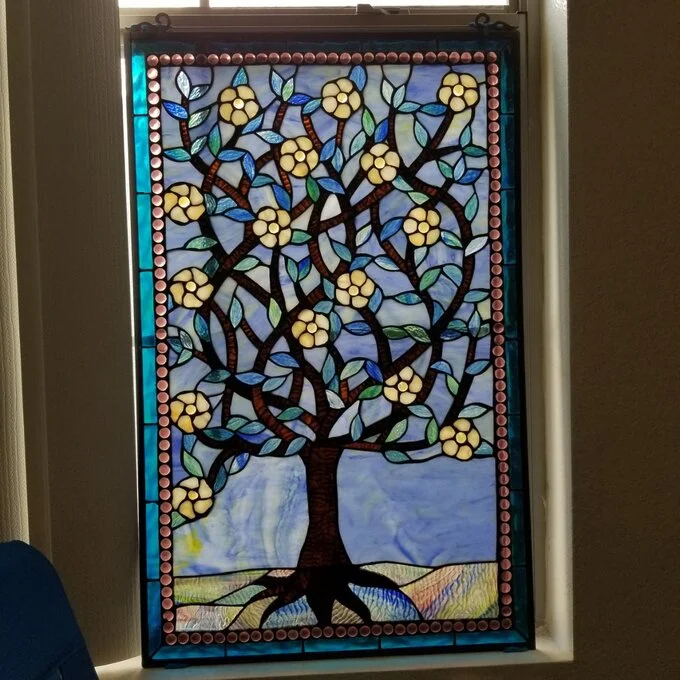 WOODLEY Tiffany-glass "Tree of Life" Window Panel 20x32 - Image 4