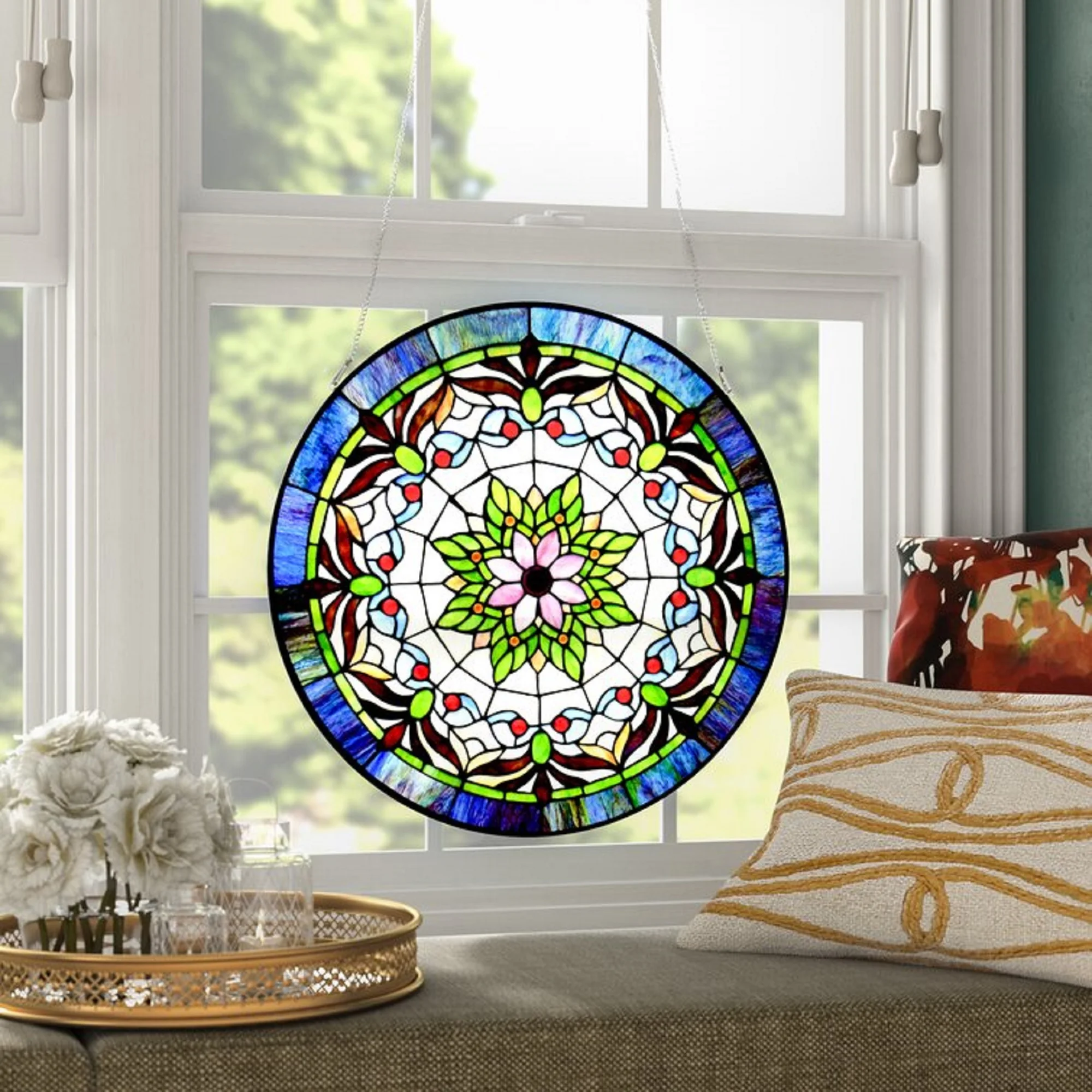 Tiffany-glass Edwardian Man Window Panel 22"