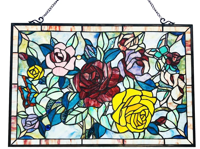 RUTHIE Tiffany-glass featuring Roses & Butterflies Window Panel 27x19 - Image 2