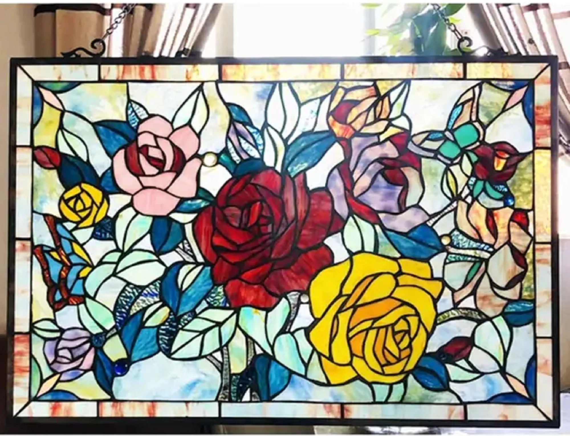 RUTHIE Tiffany-glass featuring Roses & Butterflies Window Panel 27x19 - Image 3