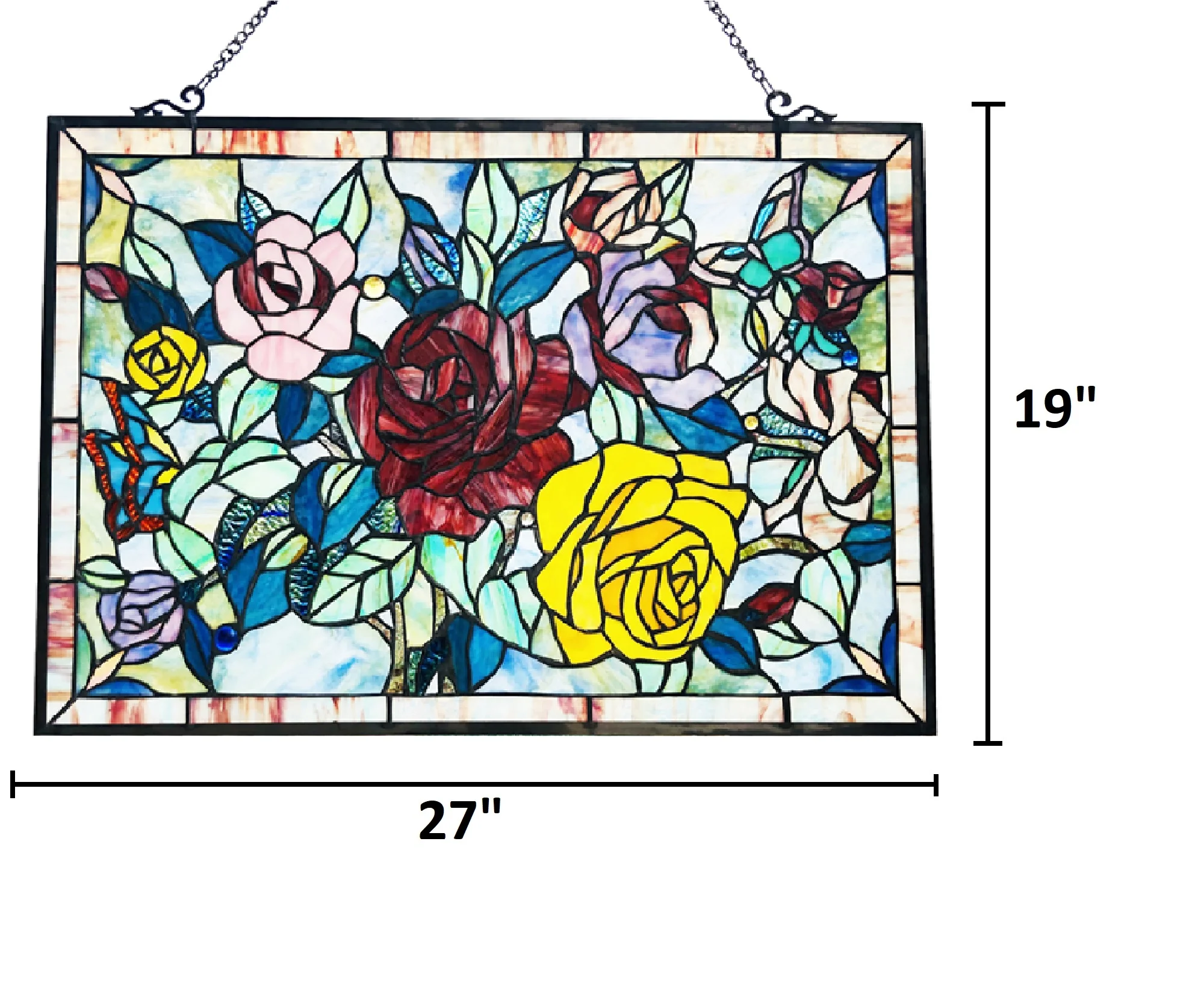 RUTHIE Tiffany-glass featuring Roses & Butterflies Window Panel 27x19 - Image 4