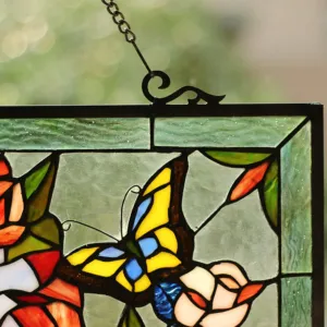 RUTHIE Tiffany-glass featuring Roses & Butterflies Window Panel 27x19