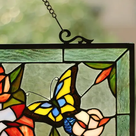 RUTHIE Tiffany-glass featuring Roses & Butterflies Window Panel 27x19