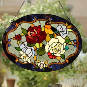 ALYSSA Tiffany-glass Roses/Bird Window Panel 24x18