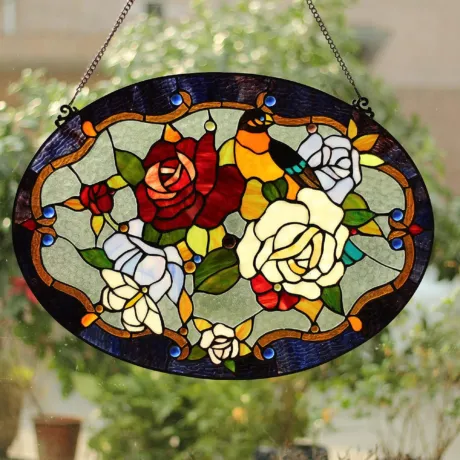ALYSSA Tiffany-glass Roses/Bird Window Panel 24x18