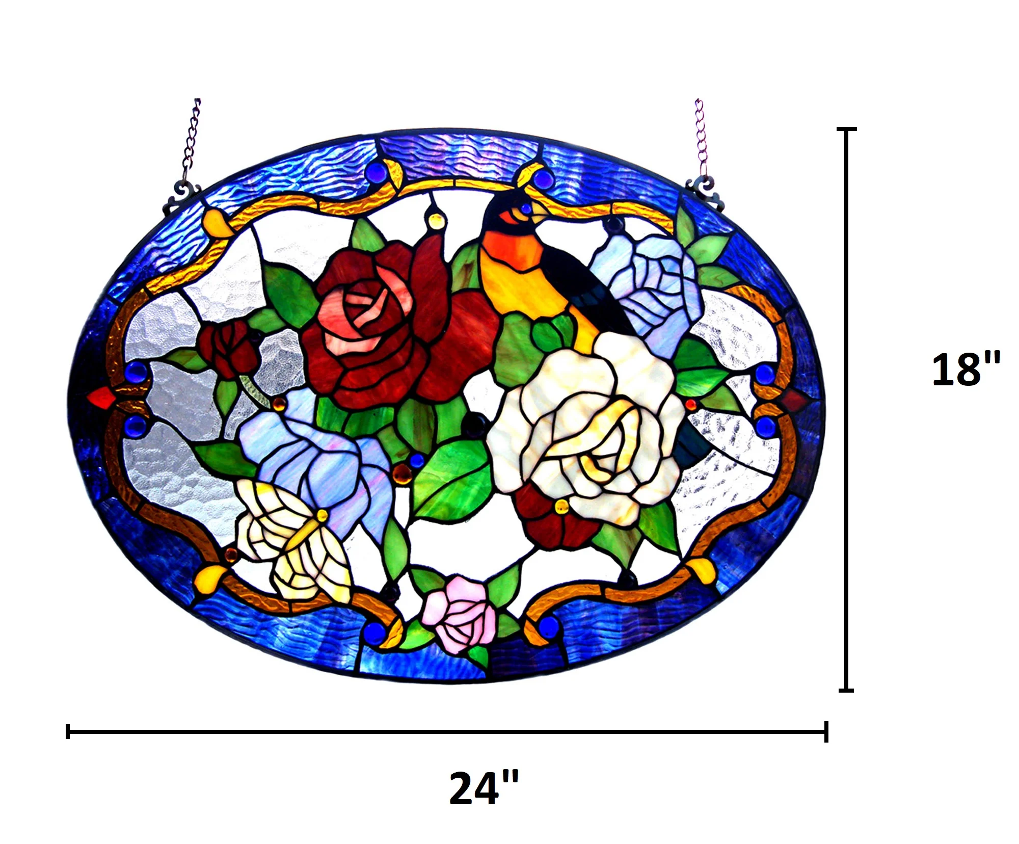 ALYSSA Tiffany-glass Roses/Bird Window Panel 24x18 - Image 5
