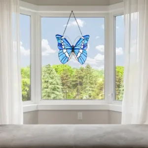 SILVER-STUDDED Butterfly-Style Stained Glass Window Panel 14" Wide