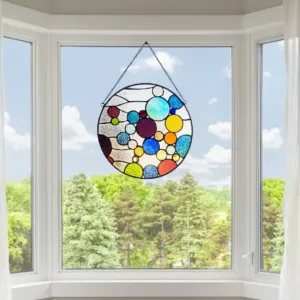BUBBLES Geometric-Style Stained Glass Window Panel 13" Wide