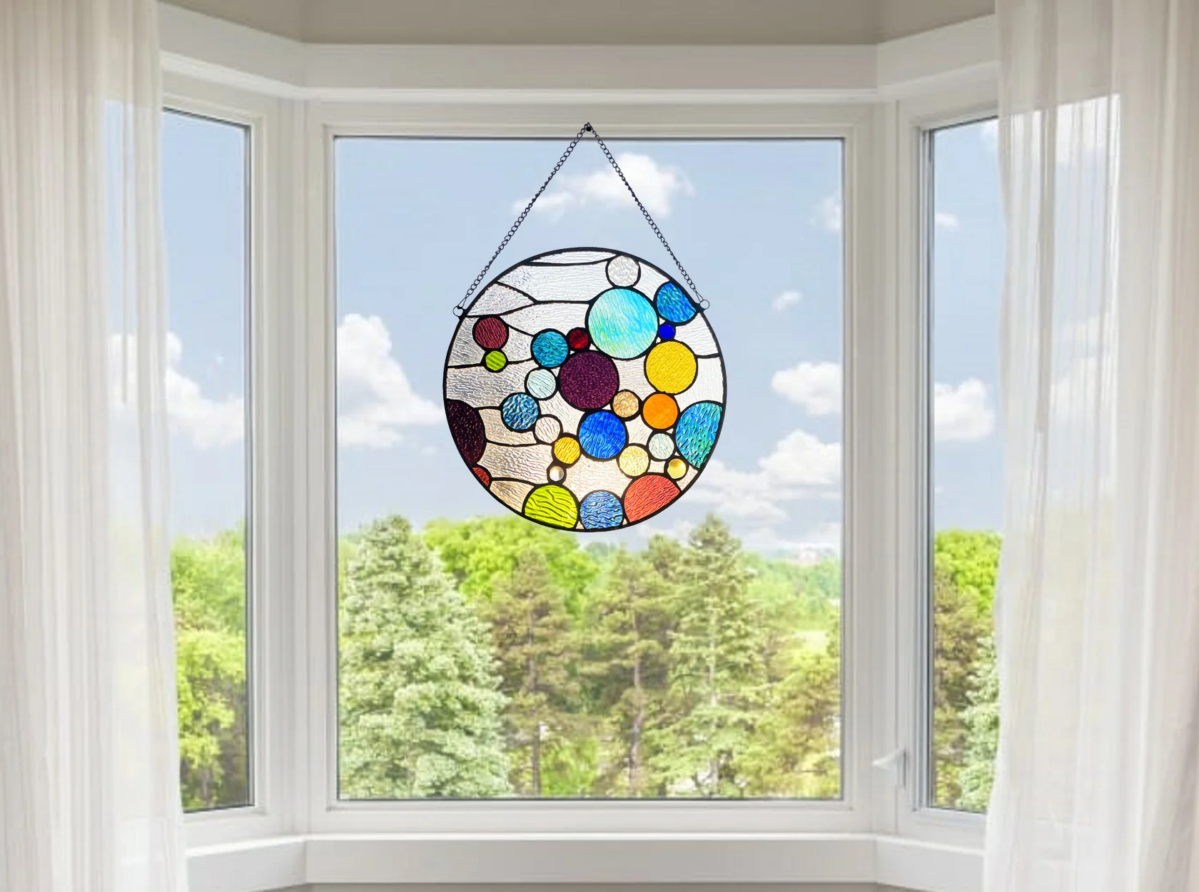 BUBBLES Geometric-Style Stained Glass Window Panel 13" Wide