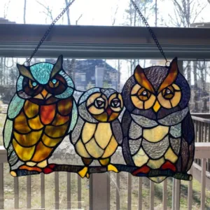 OLLIE Tiffany-glass Owls Family Window Panel 11x17
