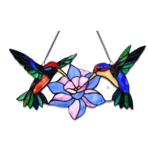 NECTAR Tiffany-glass Hummingbirds Window Panel 18" Wide