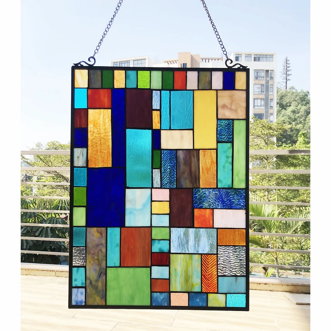 YVONNE Tiffany-Style Geometric Stained Glass Window Panel 24" Height