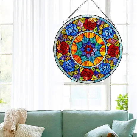 Tiffany-glass Roses Window Panel 22"