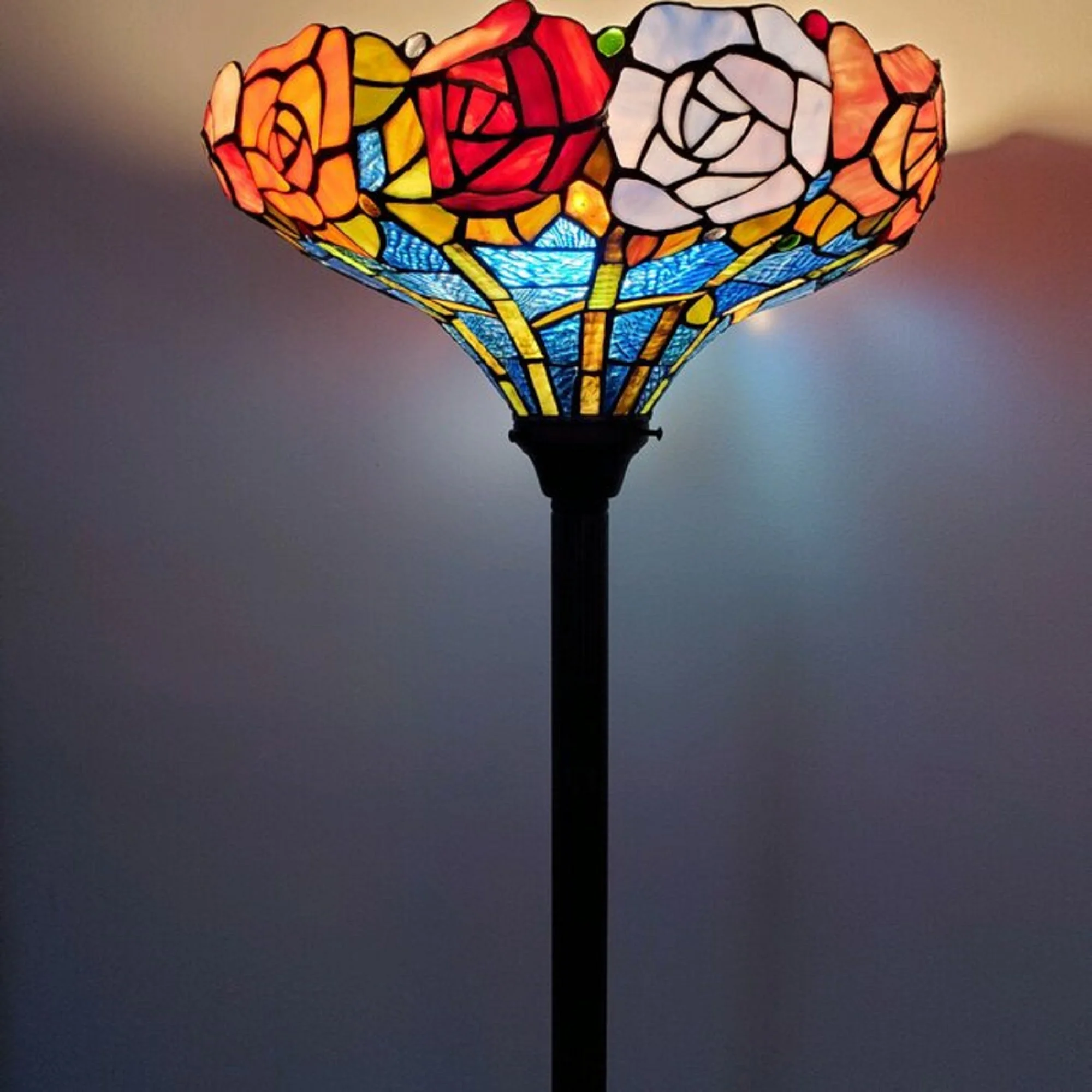 AZALEA Tiffany-Style Floral Stained Glass Torchiere Floor Lamp 67" Height