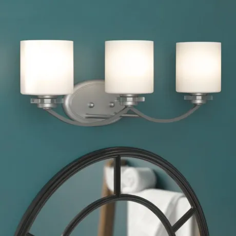 PRUDENCE Transitional 3 Light Brushed Nickel Bath Vanity Wall Fixture White Etched Glass 25.5" Wide