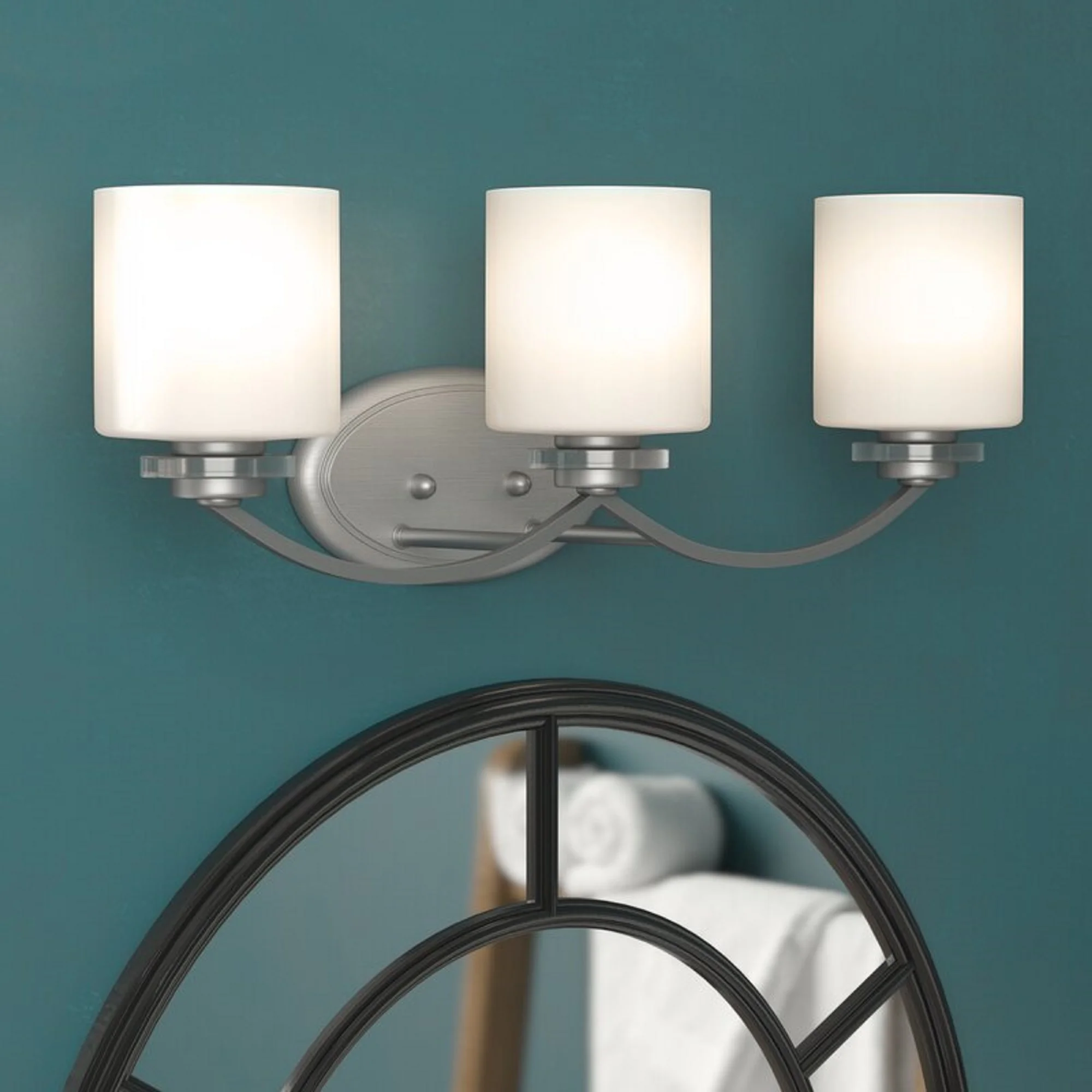 PRUDENCE Transitional 3 Light Brushed Nickel Bath Vanity Wall Fixture White Etched Glass 25.5" Wide