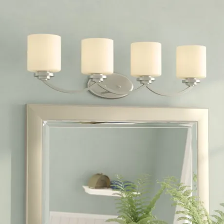 PRUDENCE Transitional 4 Light Brushed Nickel Bath Vanity Wall Fixture White Etched Glass 31" Wide